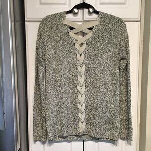 Alya Tan & Black Tweed Lace Up Back Sweater